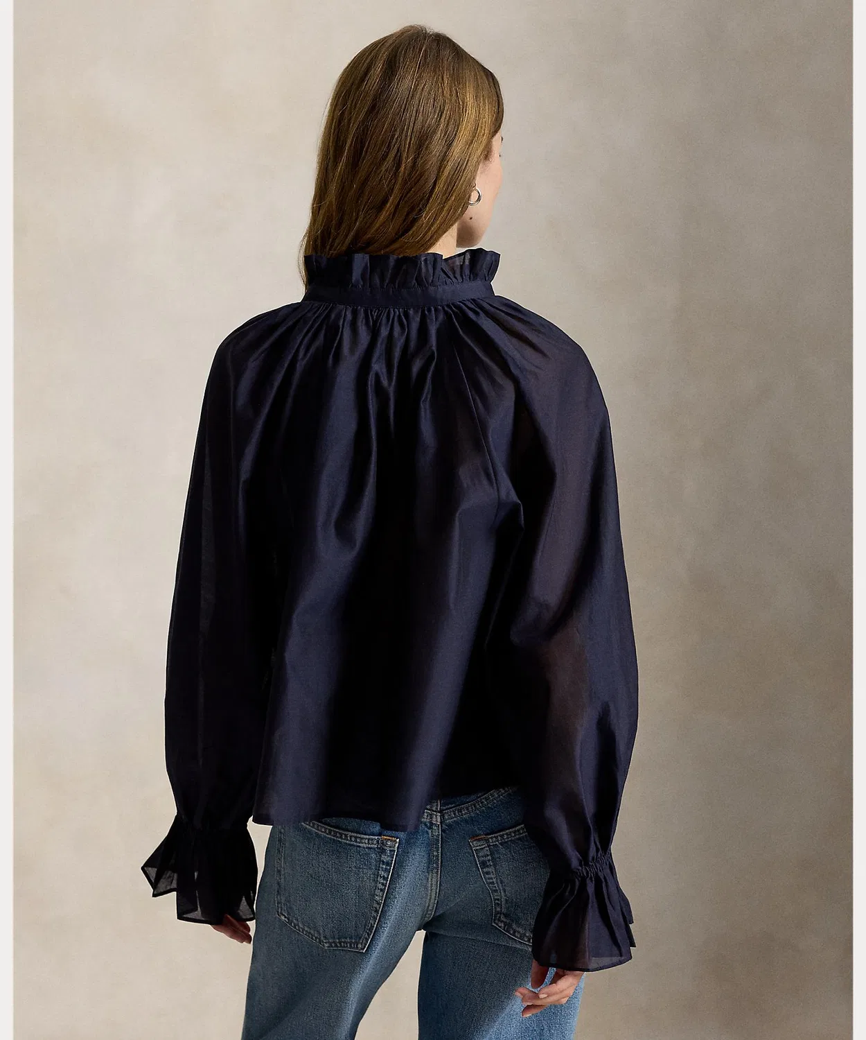 Женская рубашка из хлопка и шелка с воротником-стойкой POLO RALPH LAUREN, Blue — фото 3