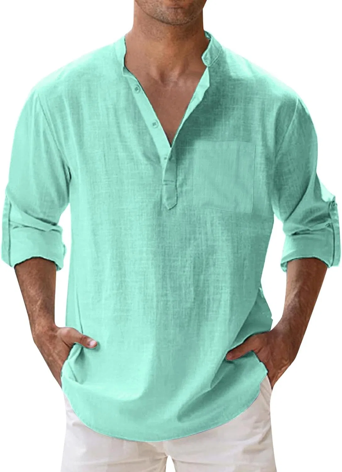 Мужская свободная рубашка с пуговицами Cotton Linen, Green