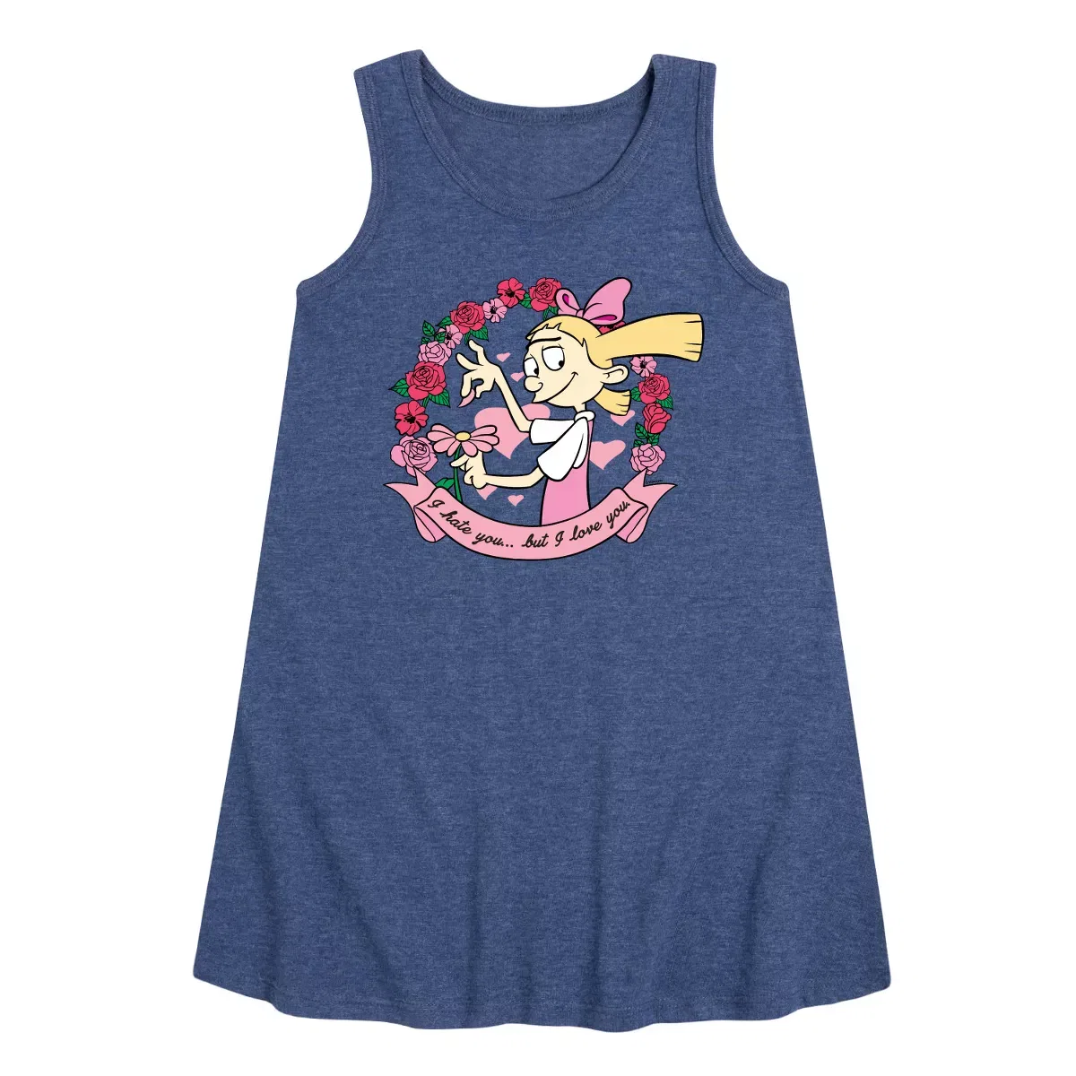 Детское платье-трапеция для девочек без рукавов с принтом Hey Arnold! Valentine's I Love You, Heather Navy