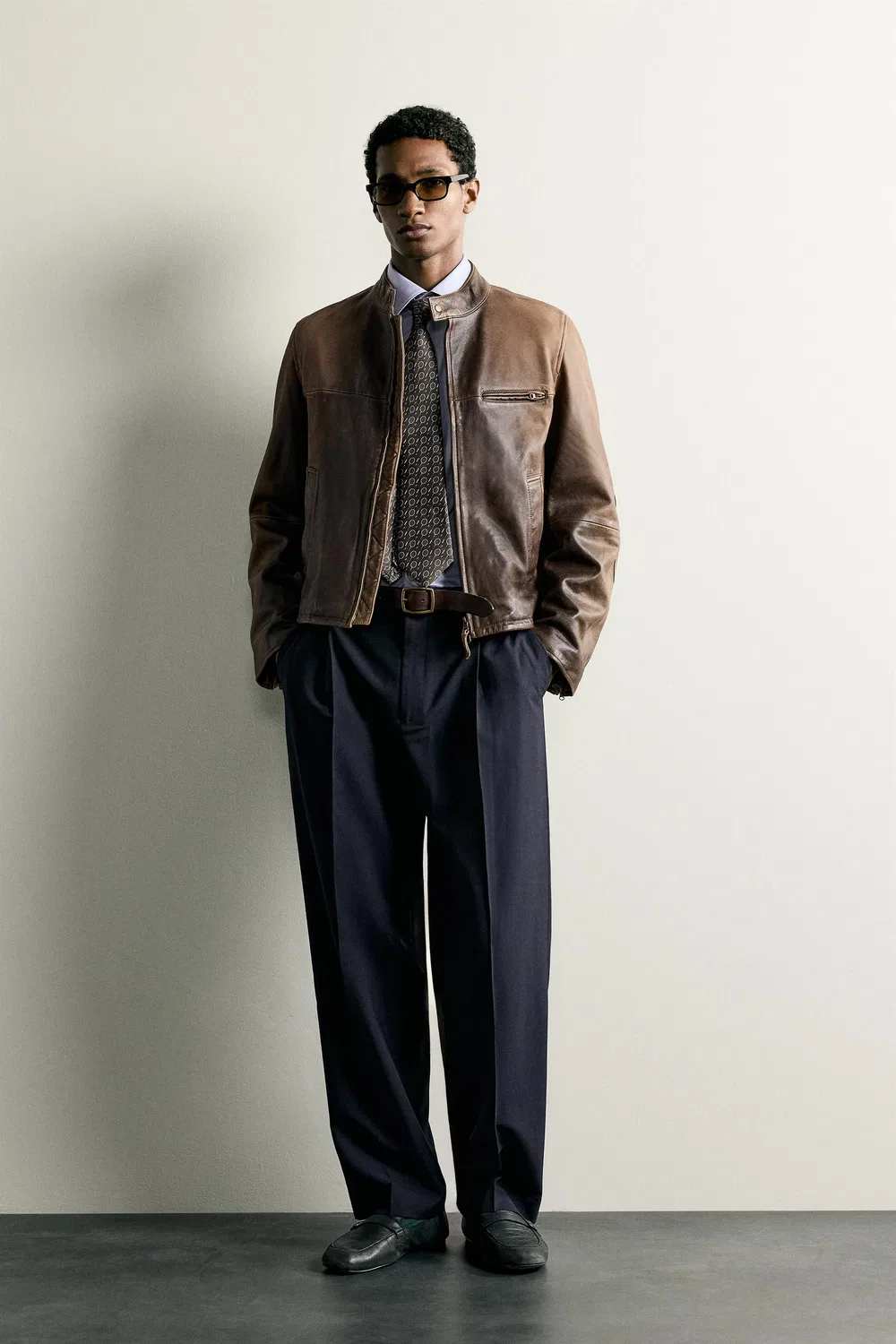 Куртка-косуха из выстиранной кожи ZARA, Brown