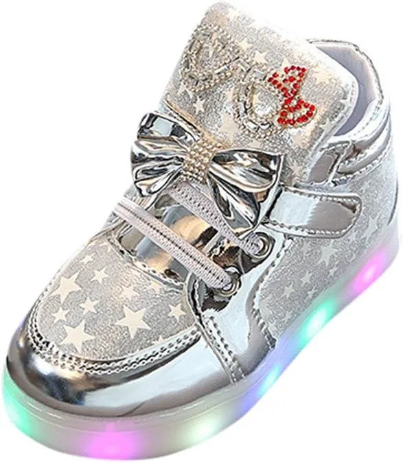 Детские кроссовки для девочек с блестками и подсветкой Star Bowknot, Sliver