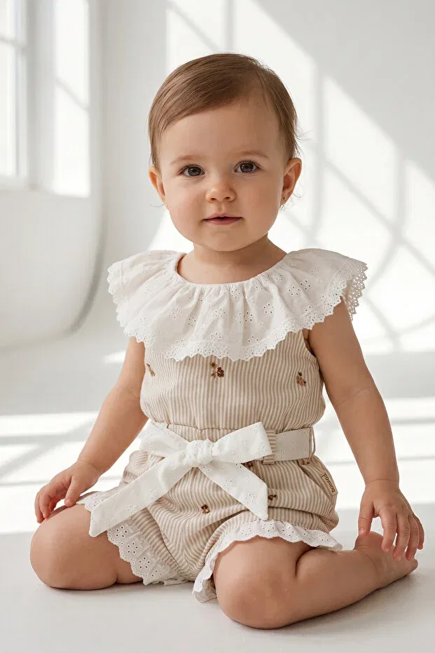 Детский комбинезон для девочек с принтом Summer baby girl blomline short jumpsuit Bebezade, Beige