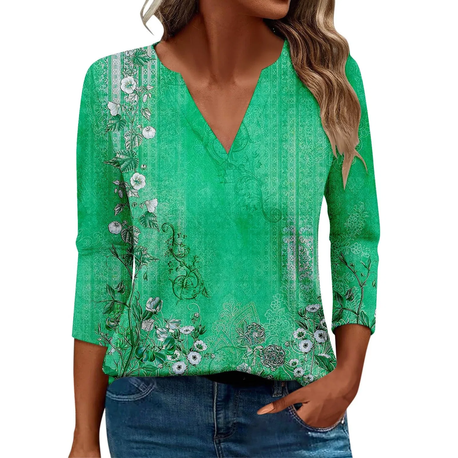 Женская блуза с принтом Women Blouses 3/4 Sleeve V Neck Casual Elegant Summer Boho Floral Print Blouses, 36#verde Menta