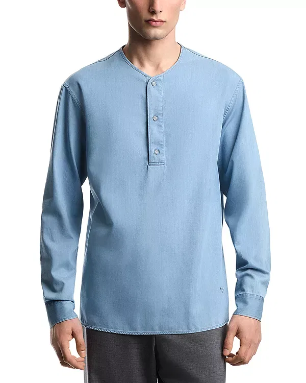 Мужская рубашка хенли из легкого денима Icon Emporio Armani, Light Blue Denim