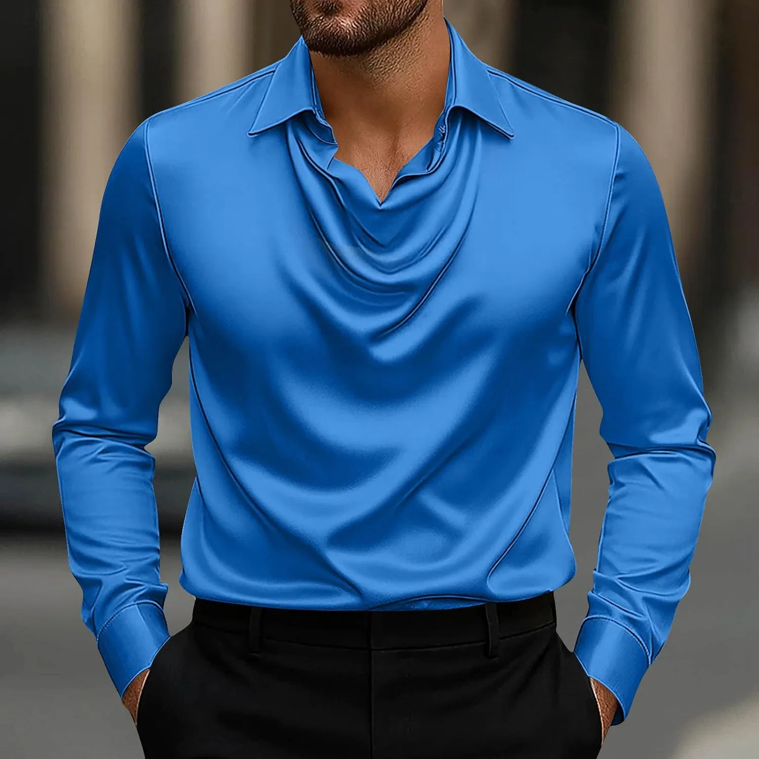 Мужская рубашка с лацканом сатиновая Casual, Blue — фото 2