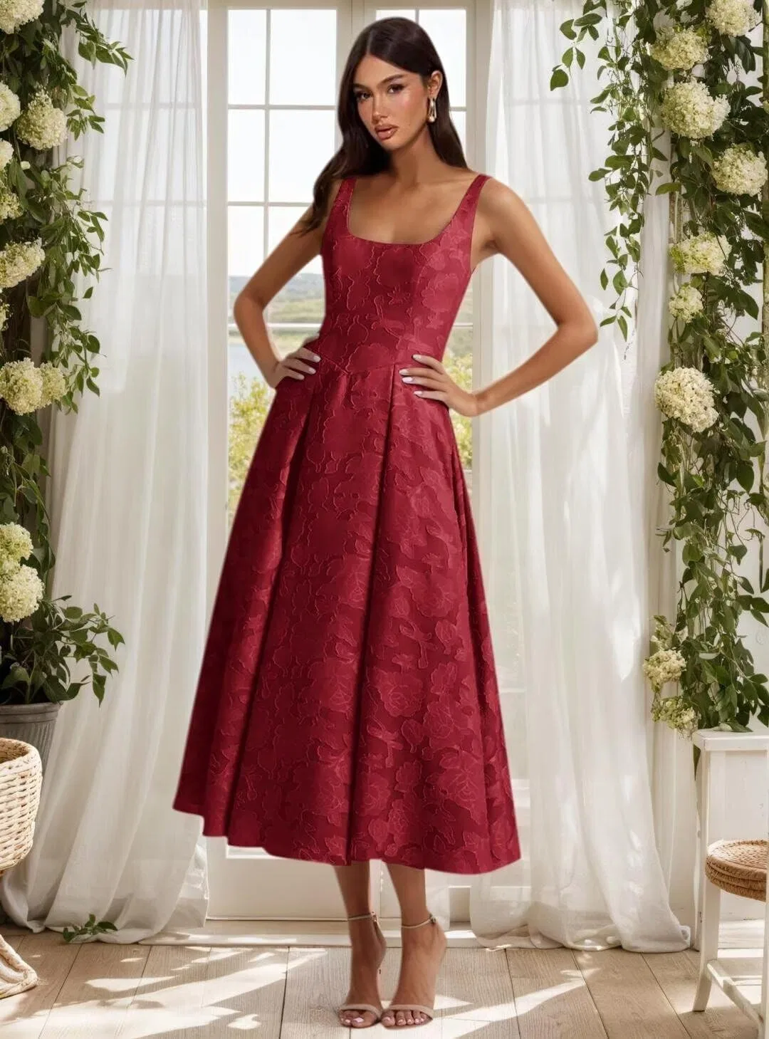 Женское платье для подружки невесты с жаккардовым кружевом, Tea Length, Navy Blue — фото 2