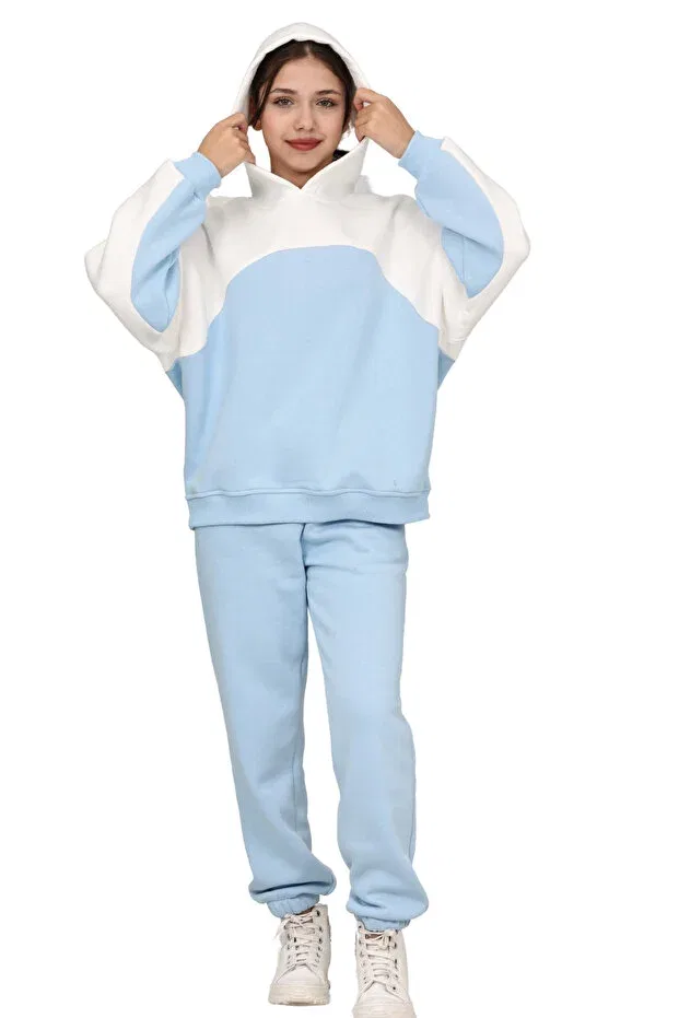 Детский спортивный костюм для девочек из футера с капюшоном Erdem Kids, Baby Blue-Ecru — фото 3