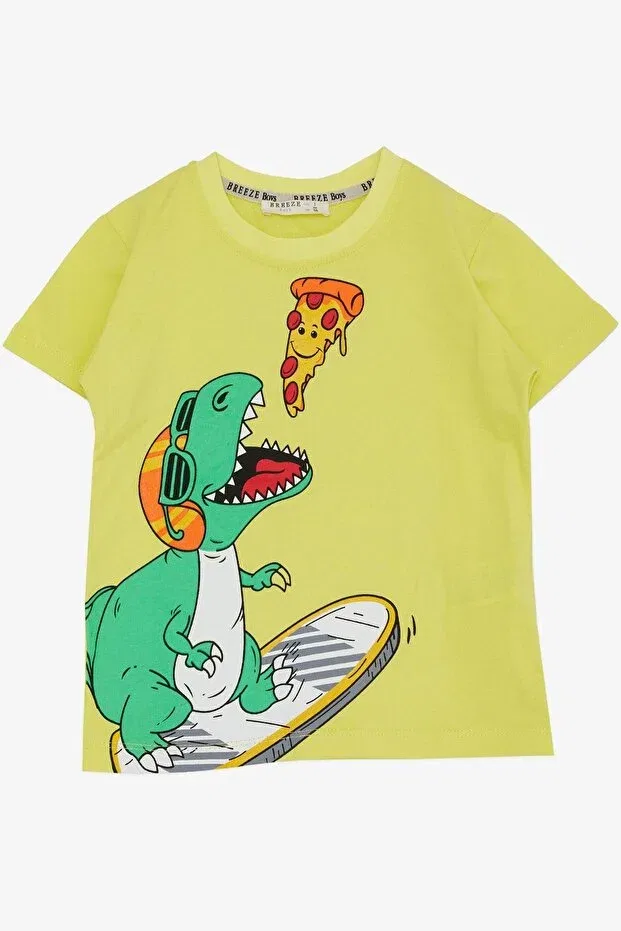 Детская футболка для мальчиков с принтом Happy Dinosaur Eating Pizza Breeze, Yellow