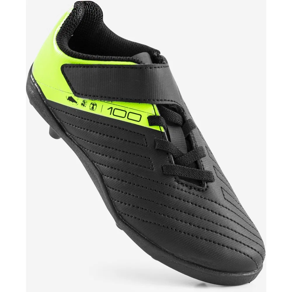 Детские футбольные бутсы для мальчиков с липучками, Black Neon Lime Green, 100 Easy Ag/fg Decathlon