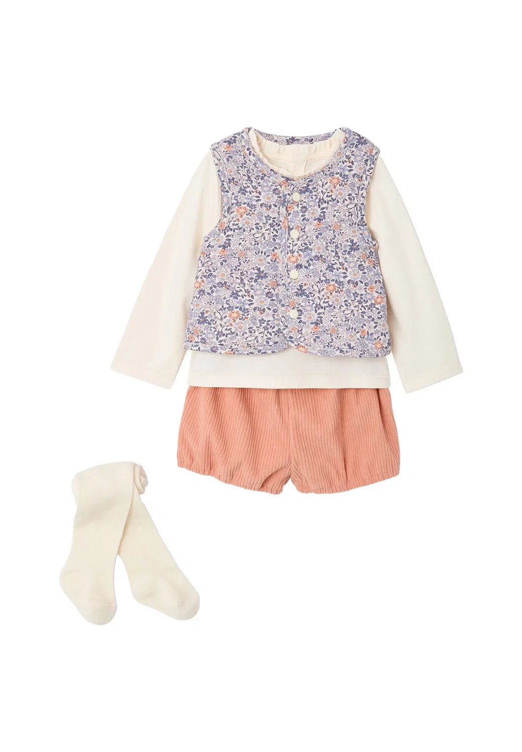 Baby-Set aus weste, рубашка, шорты и чулки - топ с длинными рукавами Vertbaudet, Aprikose