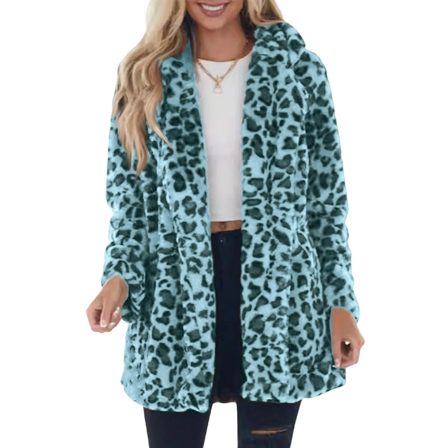 Женское пальто с принтом леопарда Women Fleece Jacket Open Front Stand Collar Leopard Print Fluffy Thick Warm Winter Coat, Verde Menta