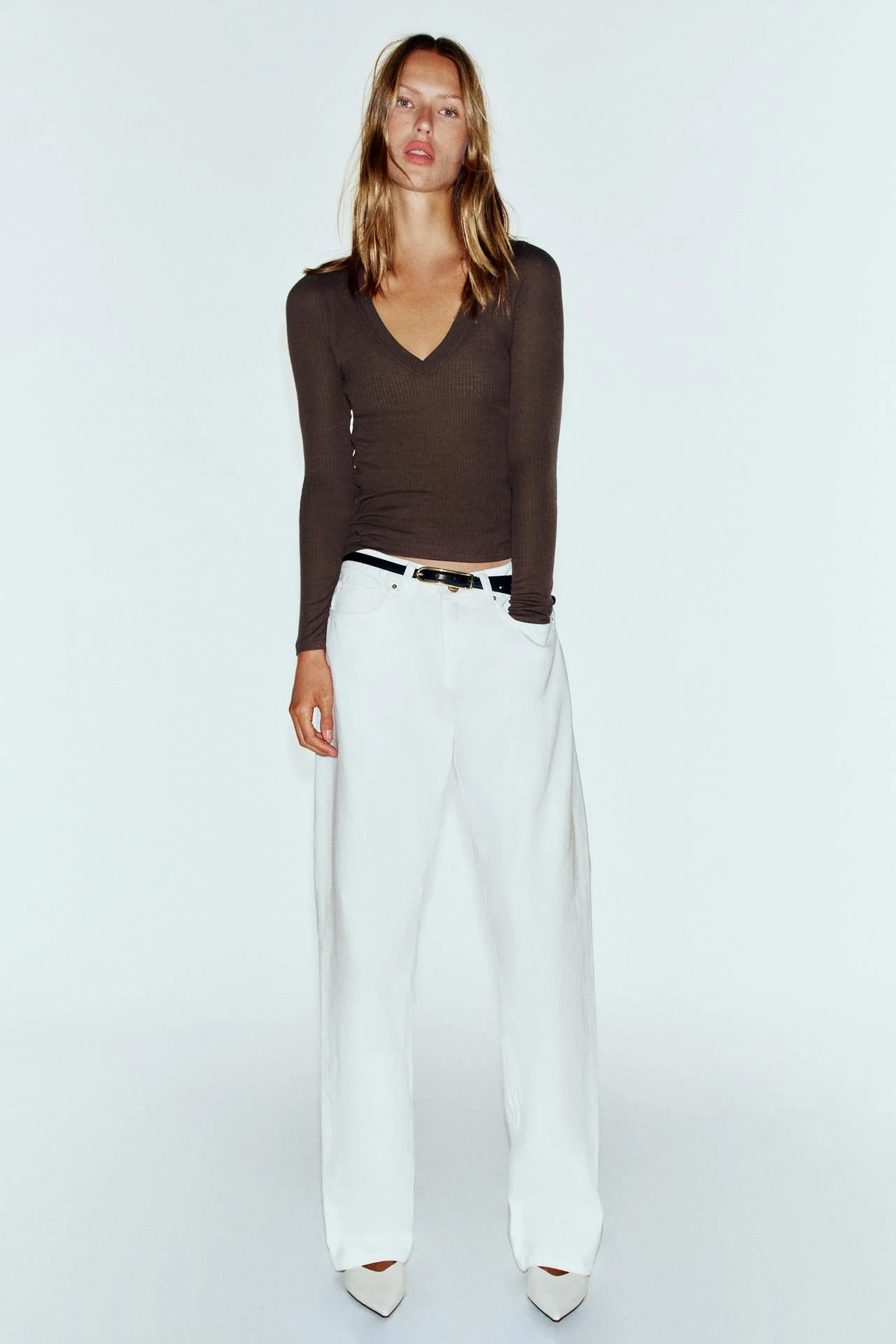 Лонгслив Zara Rib Escote Pico, коричневый