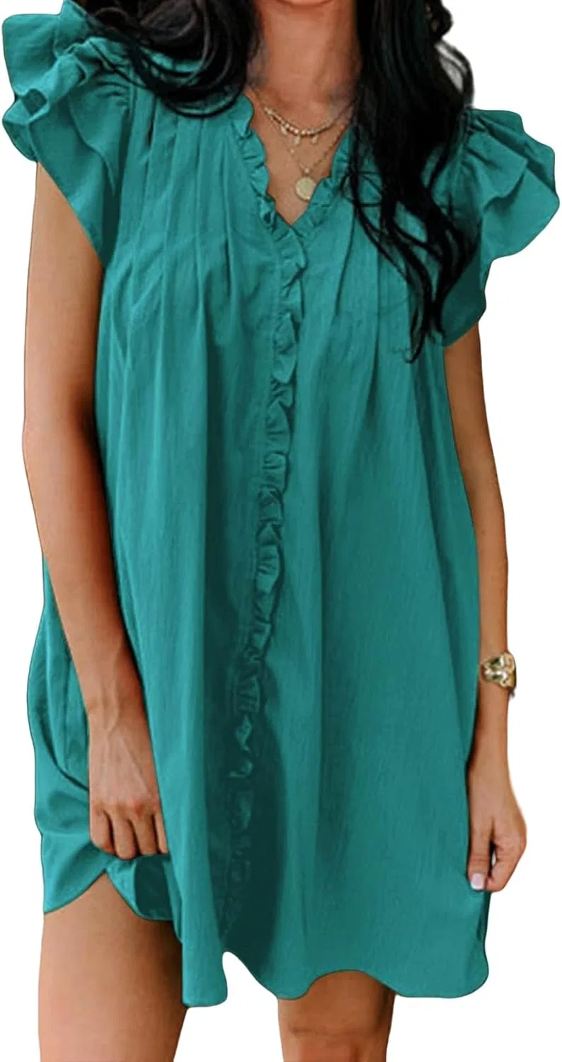Женское летнее платье с V-образным вырезом и рюшами, Dark Green