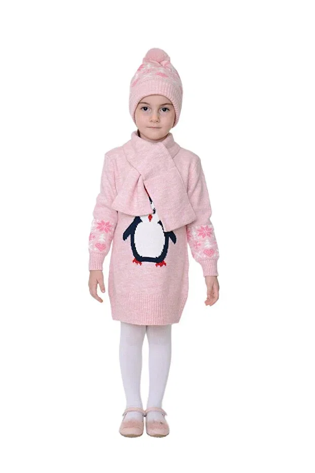 Детское платье для девочек с принтом Penguin Embroidered Beanie And Scarf 3-Piece Set Sevimli, Pink