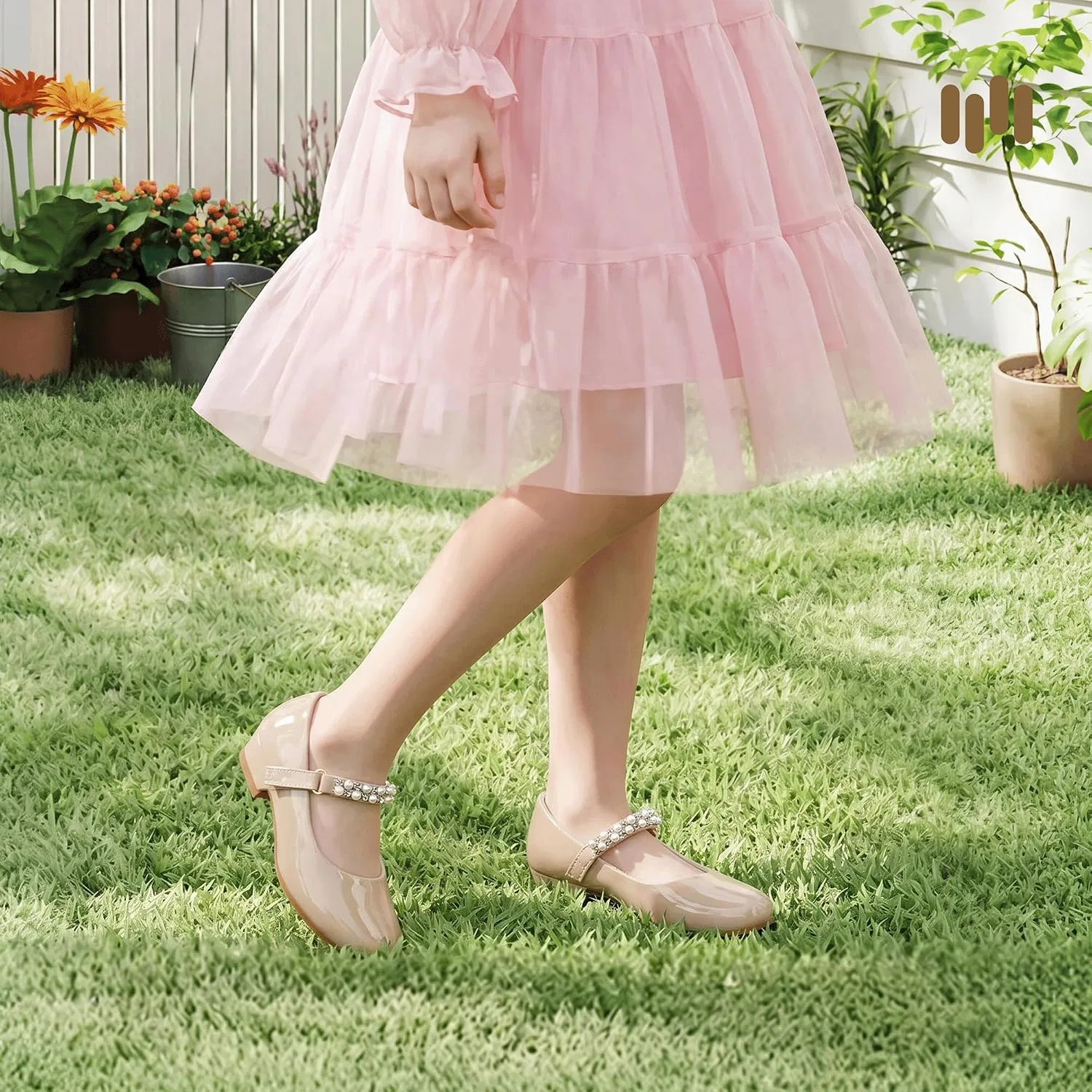 Детские туфли для девочек с жемчугом Mary Jane Heels Hehainom, Nude Pat — фото 3