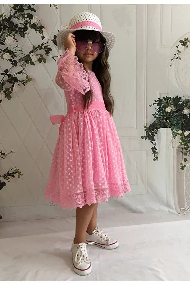 Детское платье для девочек кружевное с длинным рукавом Mixie, Pink — фото 2