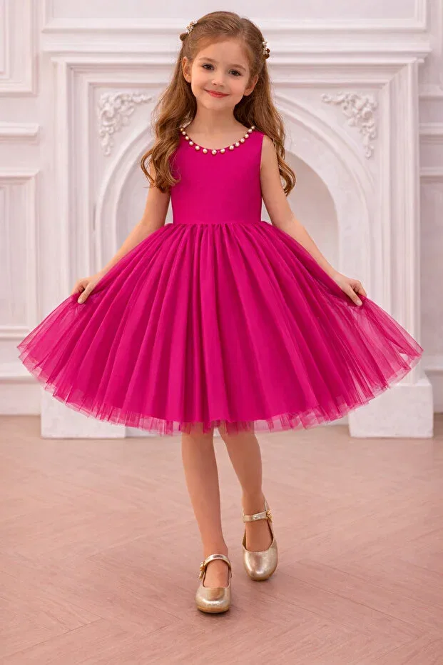 Детское платье для девочек с принтом Girl's collar pearl dress our violet model birthday graduation reading day evening dress Nsmkidslife, Fuchsia