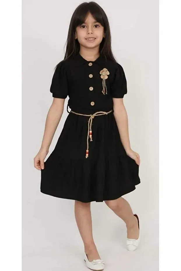 Детское платье для девочек хлопковое Girl'S wooden button dress with brooch and belt - muslin fabric Minitrends, Black