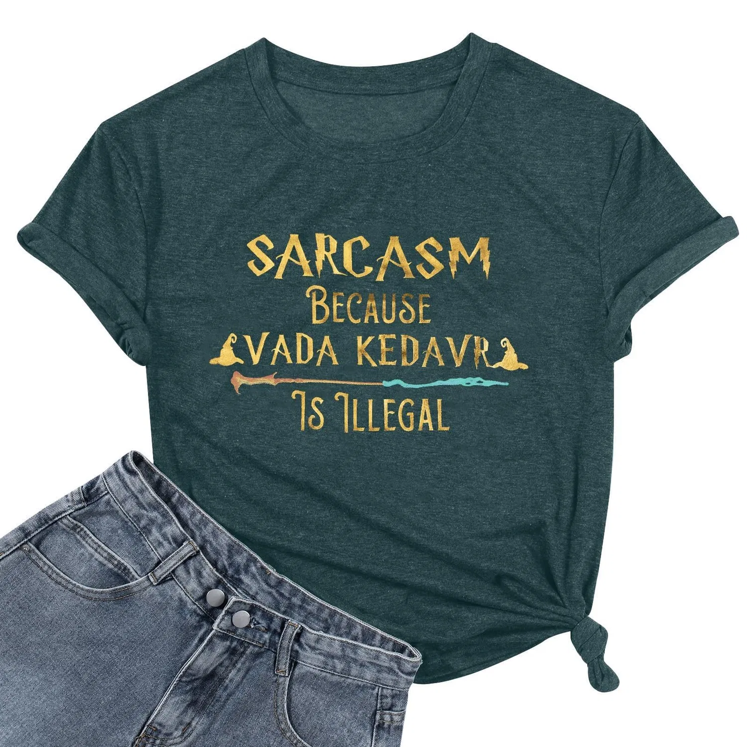 Женская футболка с принтом Sarcasm Because Avada Kedavra is Illegal, Dark Green — фото 2