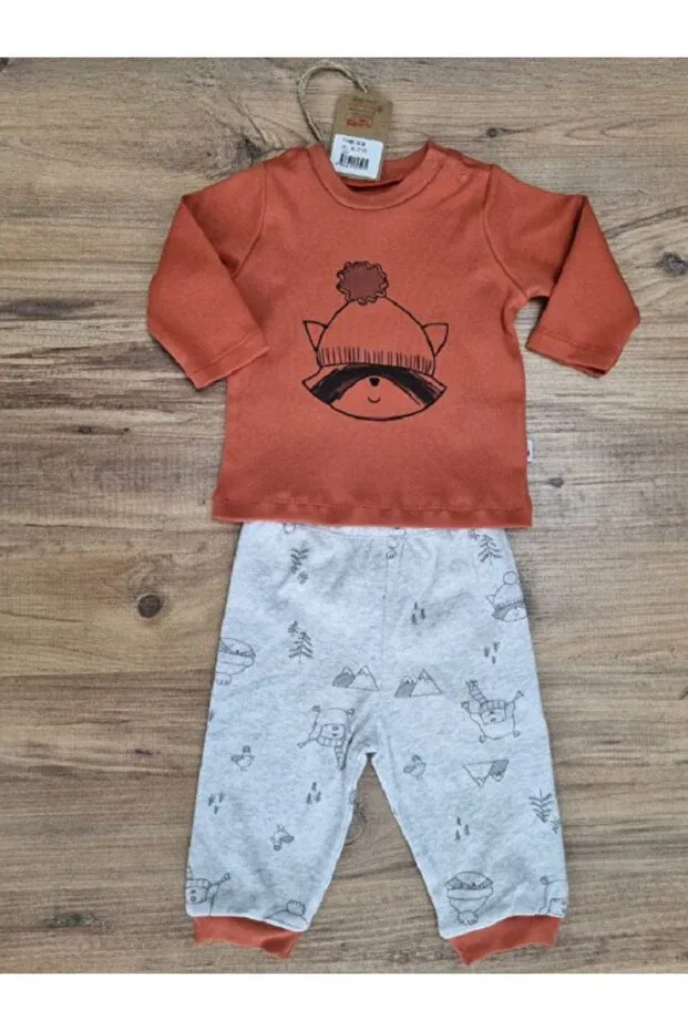 Детский комплект пижам с принтом Organic Orange - Raccoon Patterned Pajama Set Mother Love, Orange
