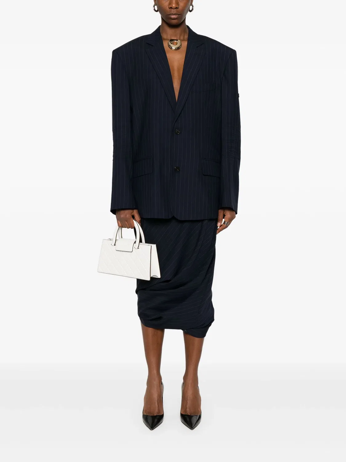 Balenciaga Юбка миди в полоску темно-синего цвета — фото 3