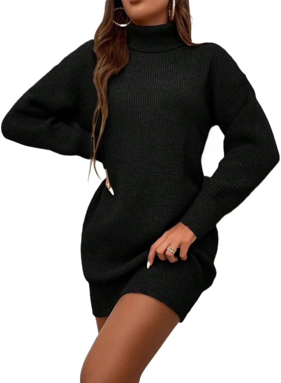 Женское короткое платье с длинным рукавом водолазка Drop Shoulder, Black