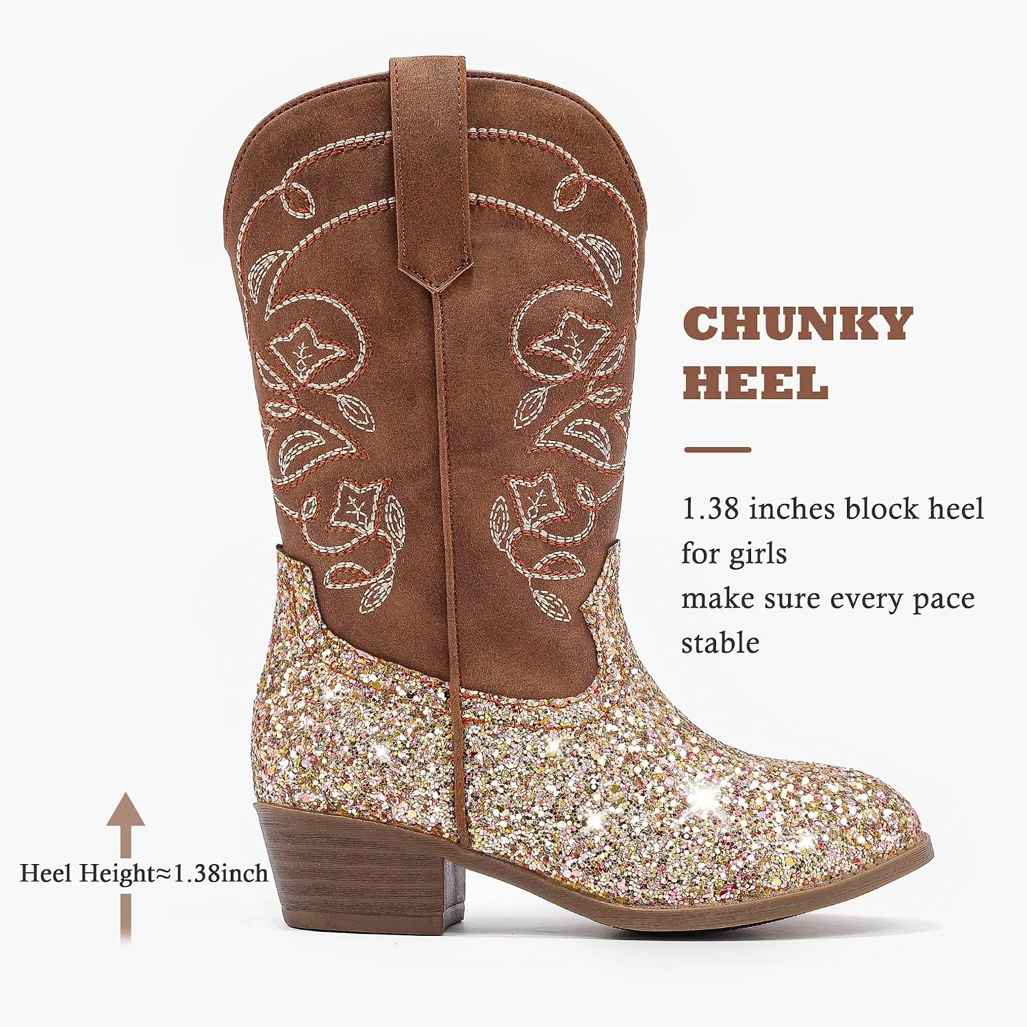 Детские сапоги для девочек с вышивкой Cowgirl Boots LAURMOSA, Brown Sequins — фото 4
