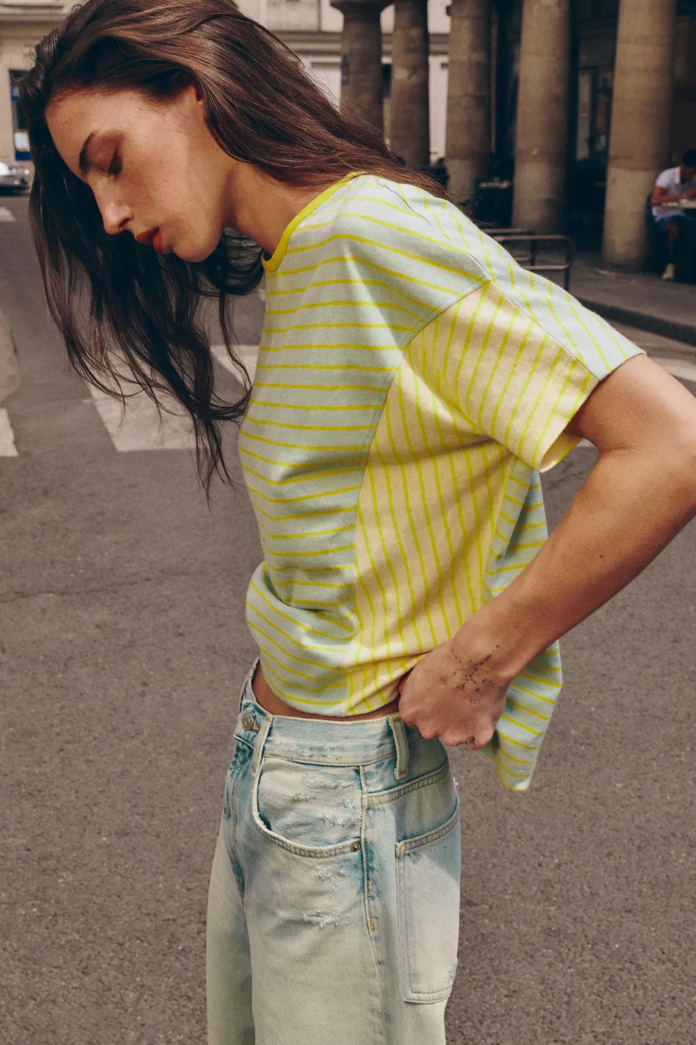 Футболка в полоску из хлопка и льна ZARA, washed green — фото 3