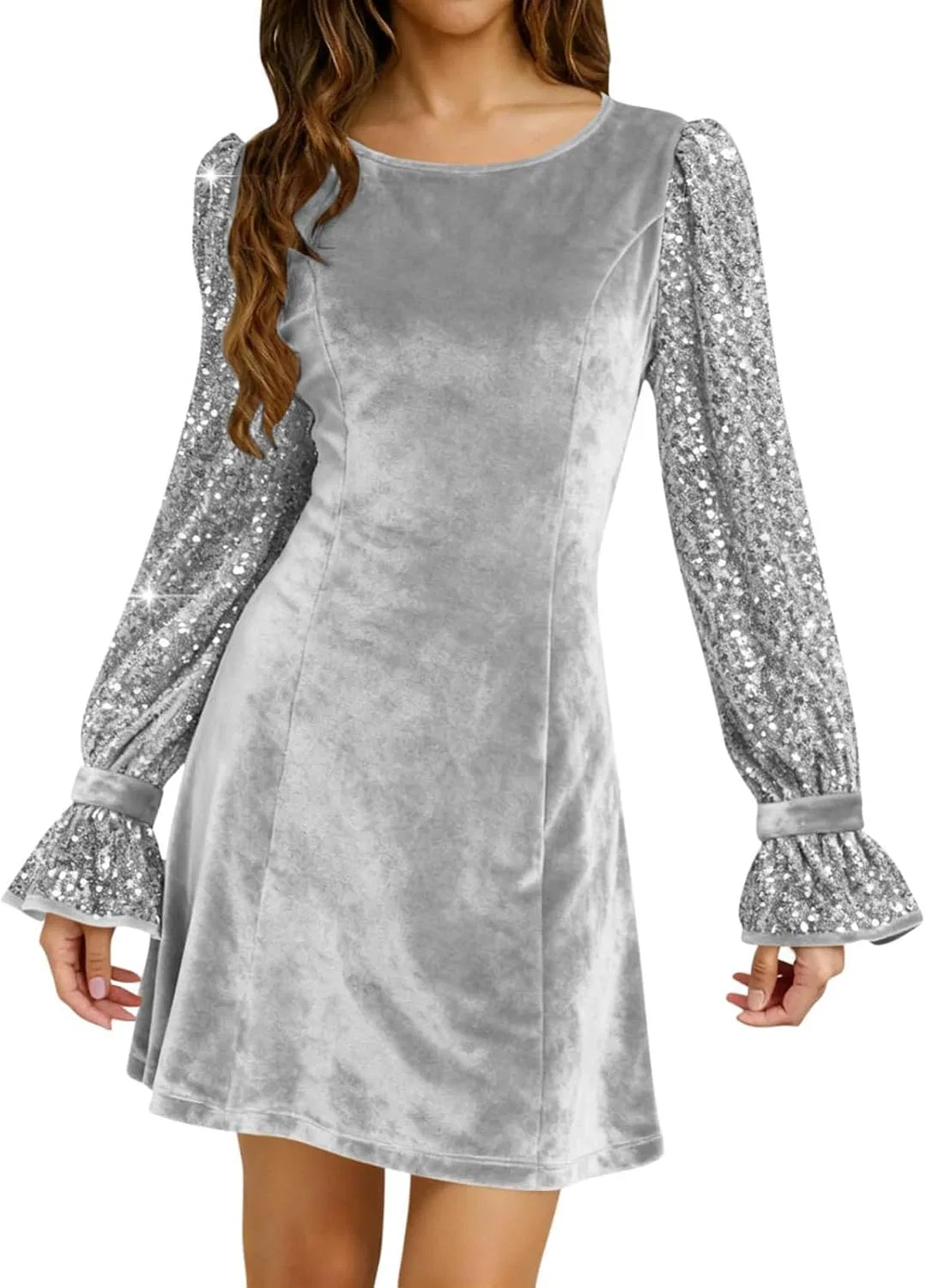 Женское платье из вельвета с длинным рукавом, 01-gray