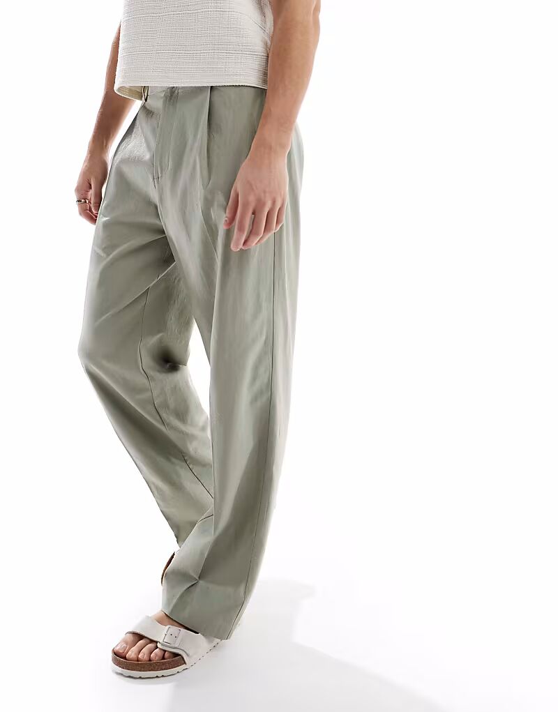 

Элегантные брюки широкого кроя из льняной смеси со складкой спереди, шалфейно-зеленого цвета Asos Design