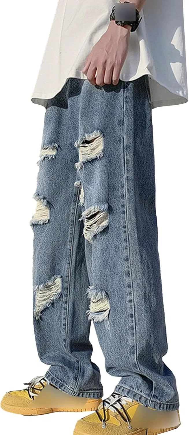 Джинсы прямые свободные Men's Distressed Straight Fit Baggy Jeans, синие