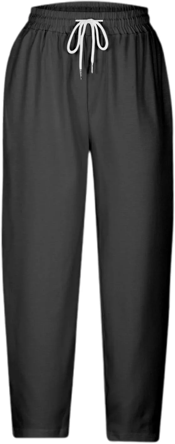 2026 Linen Pants Women High Waist Эластичные брюки с кулиской для отдыха Повседневные легкие брюки с боковым разрезом для лета и пляжа Generic, черный — фото 3