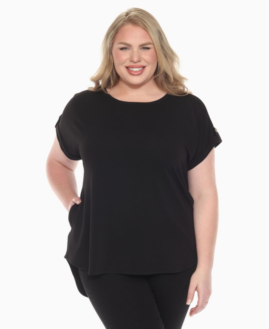 

Топ большого размера с коротким рукавом и складками, однотонный White Mark, Black