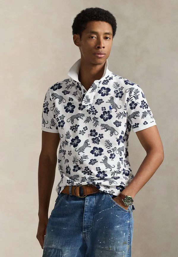 Рубашка-Поло в тропическом стиле, приталенного кроя, с сетчатым рисунком. Polo Ralph Lauren, Midscale Jaguar/Tropical White