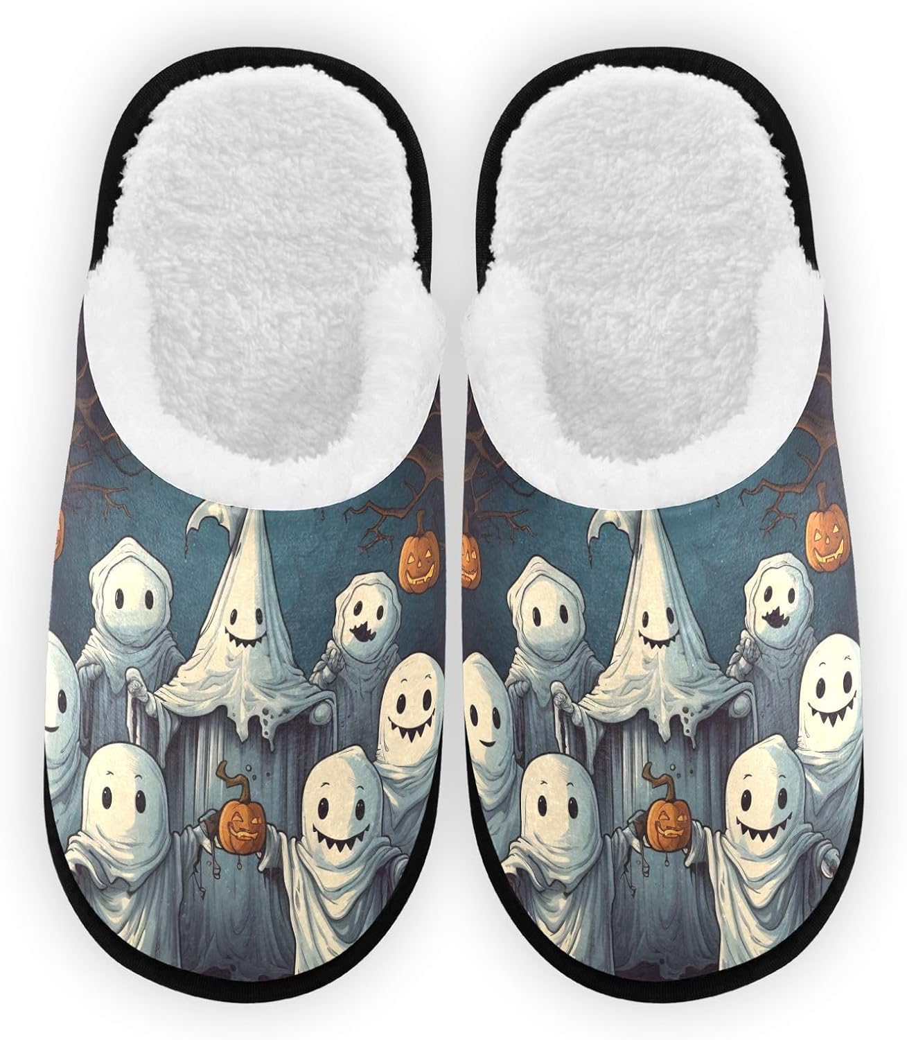 

FENOCHE Хэллоуинские плюшевые тапочки в виде тыквы и привидения для женщин и мужчин, теплые, удобные, для путешествий и спа-процедур, нескользящие домашние тапочки, Multicolor