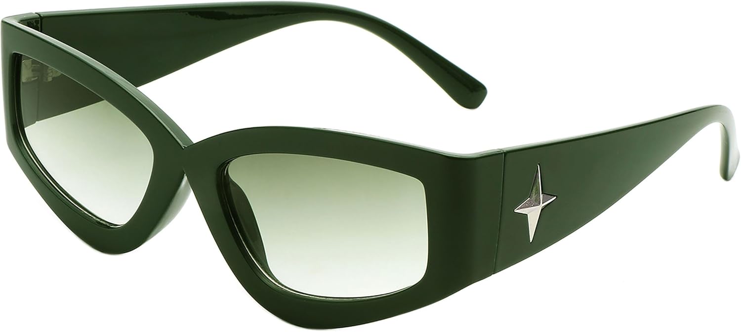 

Солнцезащитные очки PASTL в стиле ретро «кошачий глаз» с элегантной угловатой прямоугольной оправой, серебристыми звездочками и защитой от УФ-излучения UV400, Dark Green (Green)