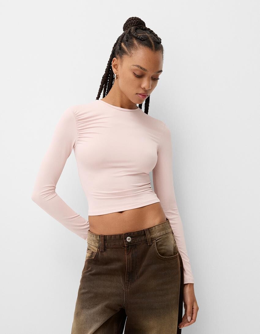 

Футболка с длинным рукавом и сборками Bershka, розовый
