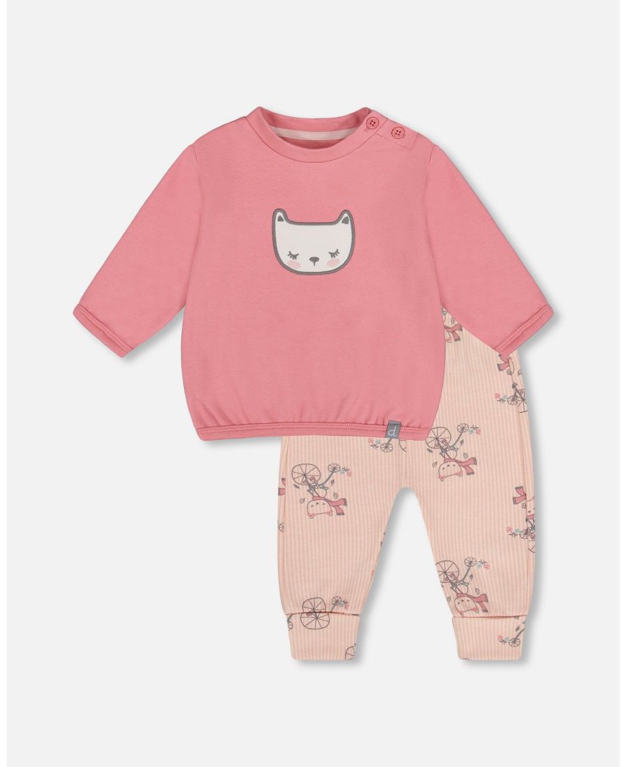 

Детский хлопковый комплект для девочки: штанишки и топ, розовый с принтом кошек Deux par Deux, Pink cat print