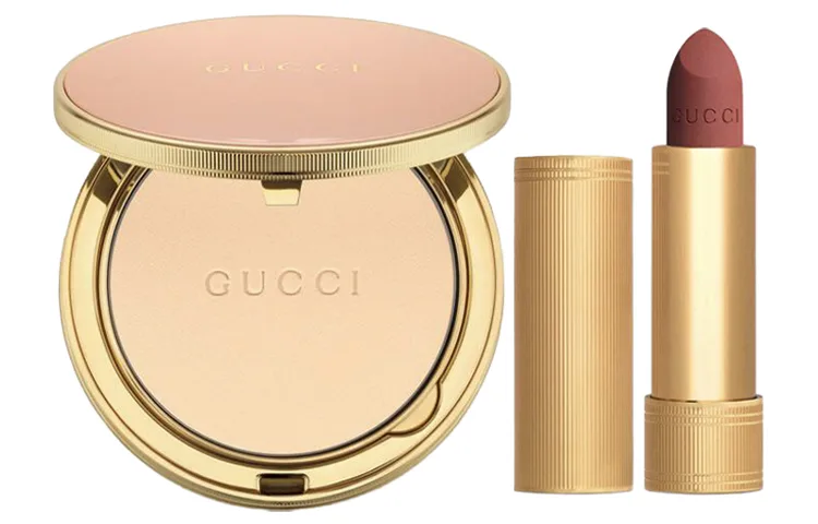 GUCCI Пудра для макияжа Pleuche Lipstick Rose Gold с эффектом контроля жирности и стойкости 10 г + 3,5 г, Powder #01+Golden Tube Lipstick #208