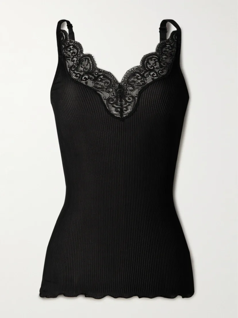 Майка из ребристого джерси на шелковой основе с кружевной отделкой SAINT LAURENT, черный