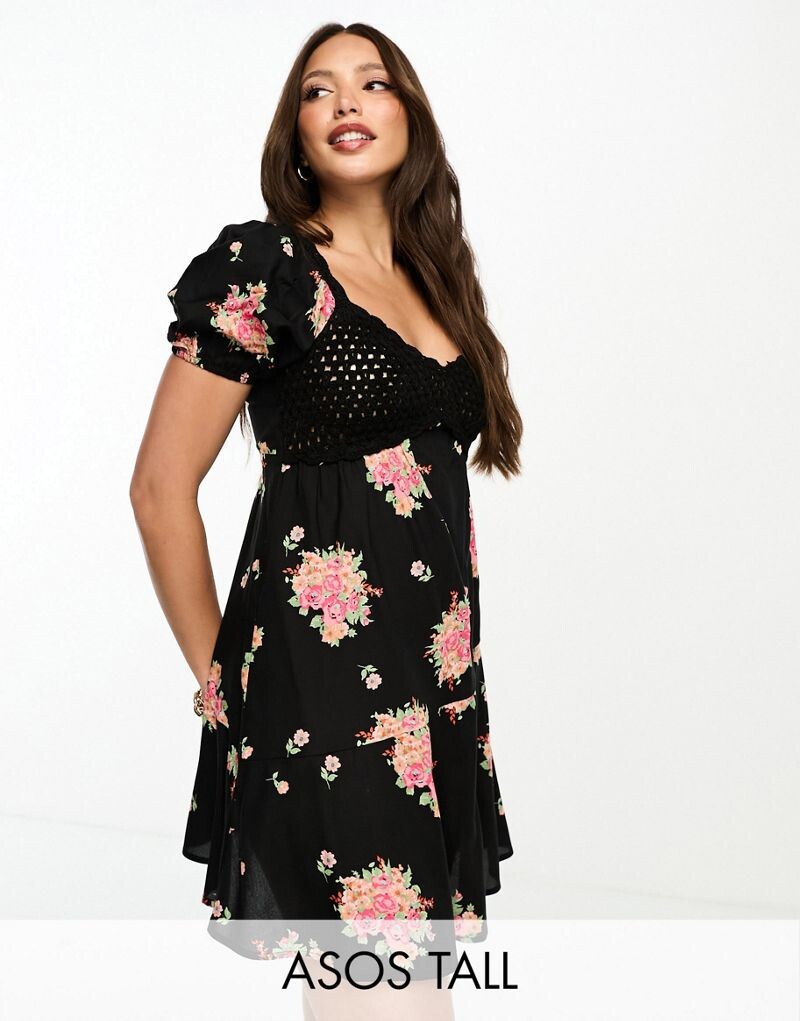 

Темное платье мини с открытыми плечами, связанное крючком, ASOS DESIGN Tall