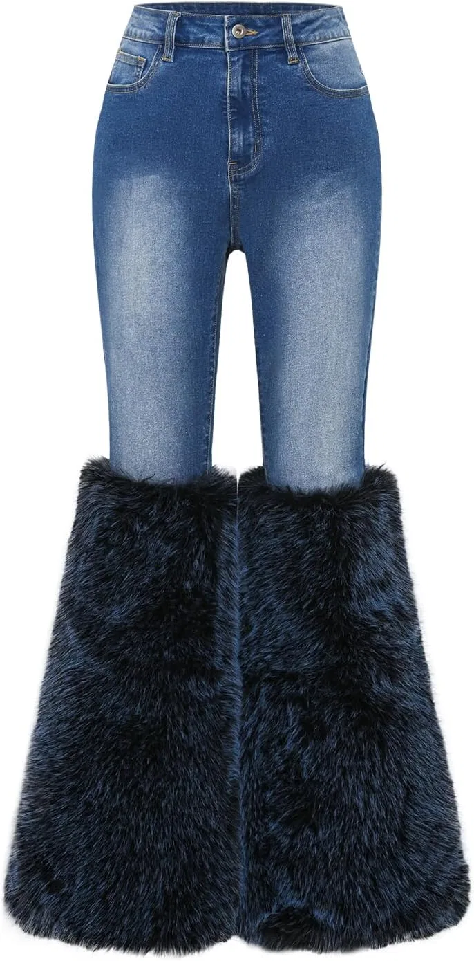 Джинсы клеш, faux fur, Dark Blue