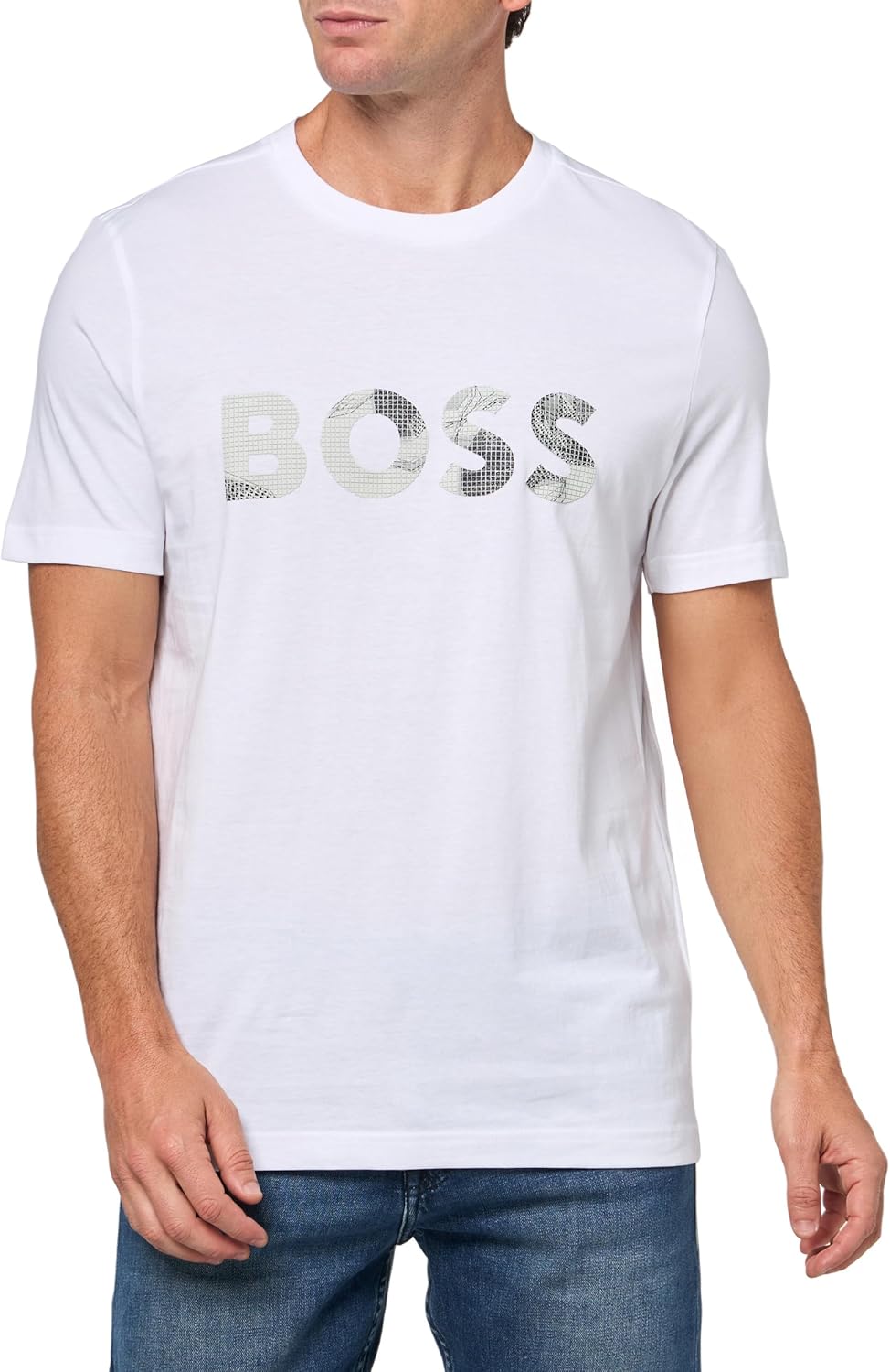 

Мужская хлопковая футболка с большим текстурированным логотипом BOSS, Powder White