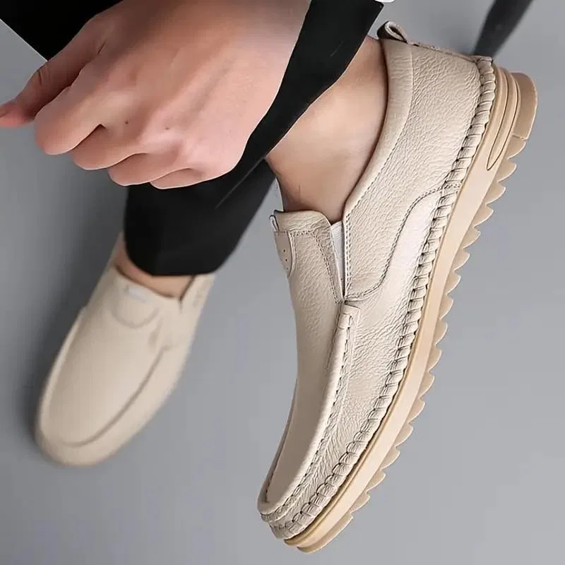 Лоферы мужские кожаные, Beige, мокасины, белый Minlaidian — фото 3