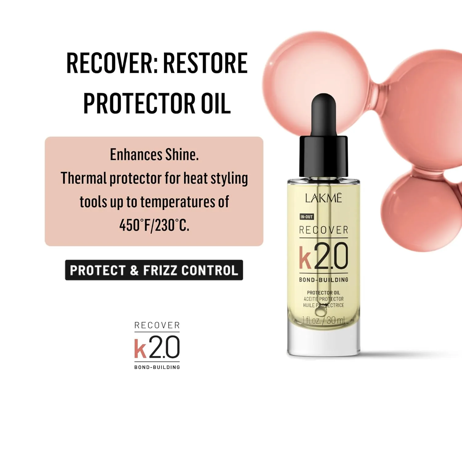 Lakmé K2.0 Recover Restore Protector Hair Oil, защита от ломкости и воздействия утюга, придает блеск, укрепляет и восстанавливает волосы, 30 мл — фото 2