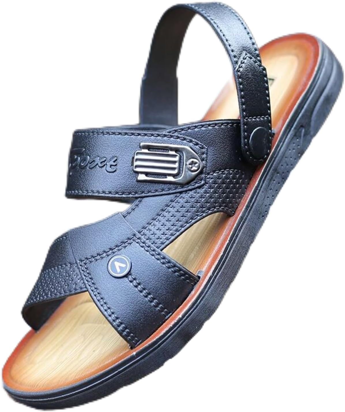 

Мужские кожаные сандалии с открытым носком, слипоны для пляжа, удобные, с мягкой подошвой, летние сандалии на плоской подошве, широкая посадка Generic, черный