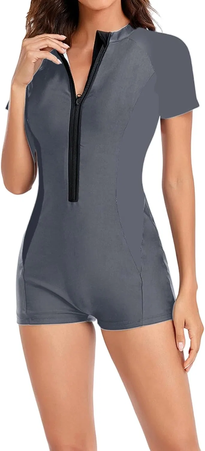 Generic Купальник Boyleg One Piece для женщин, спортивный для серфинга, милый дерзкий с коротким рукавом и молнией, для тренировок — фото 4
