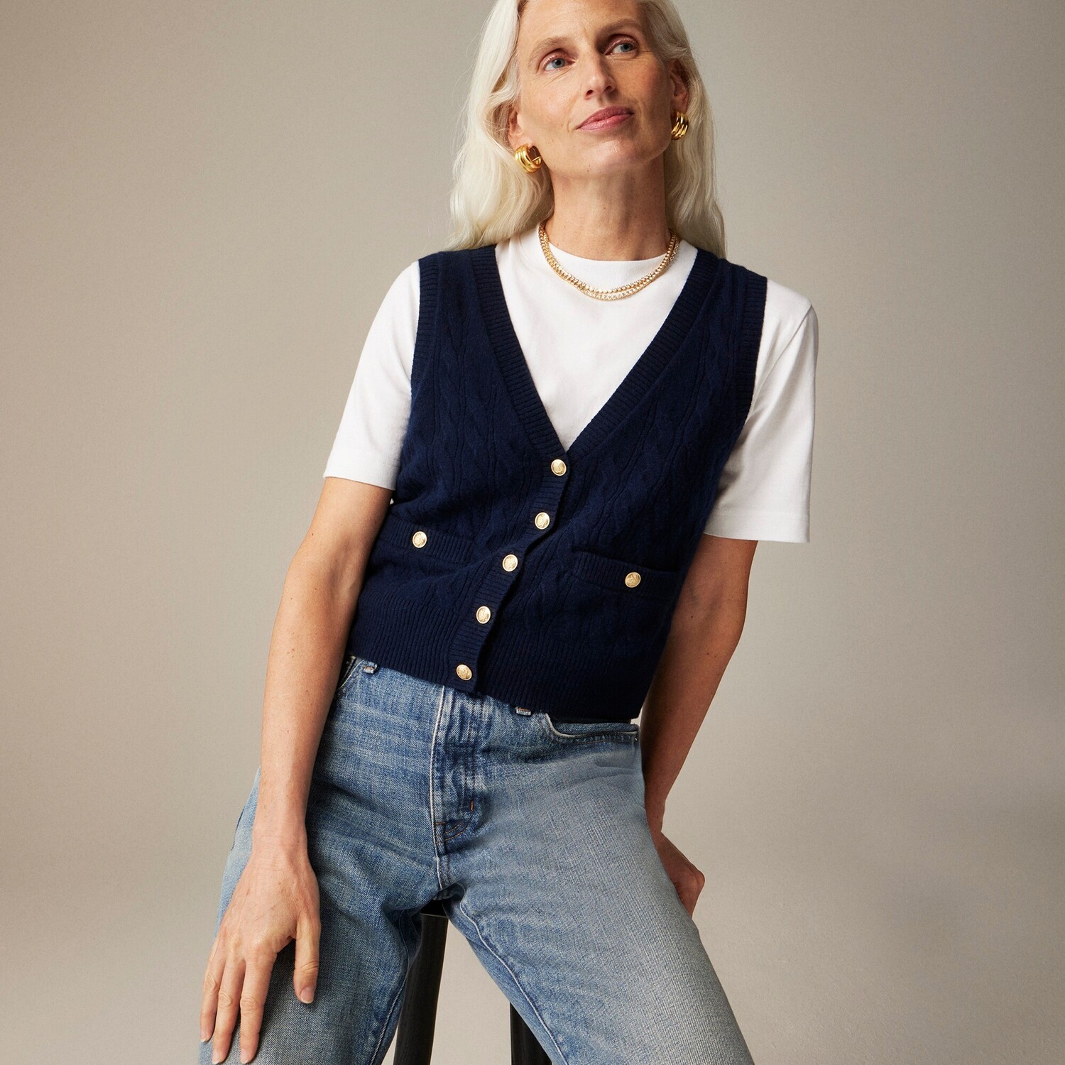 

Кашемировый свитер-жилет с косами J.Crew, синий