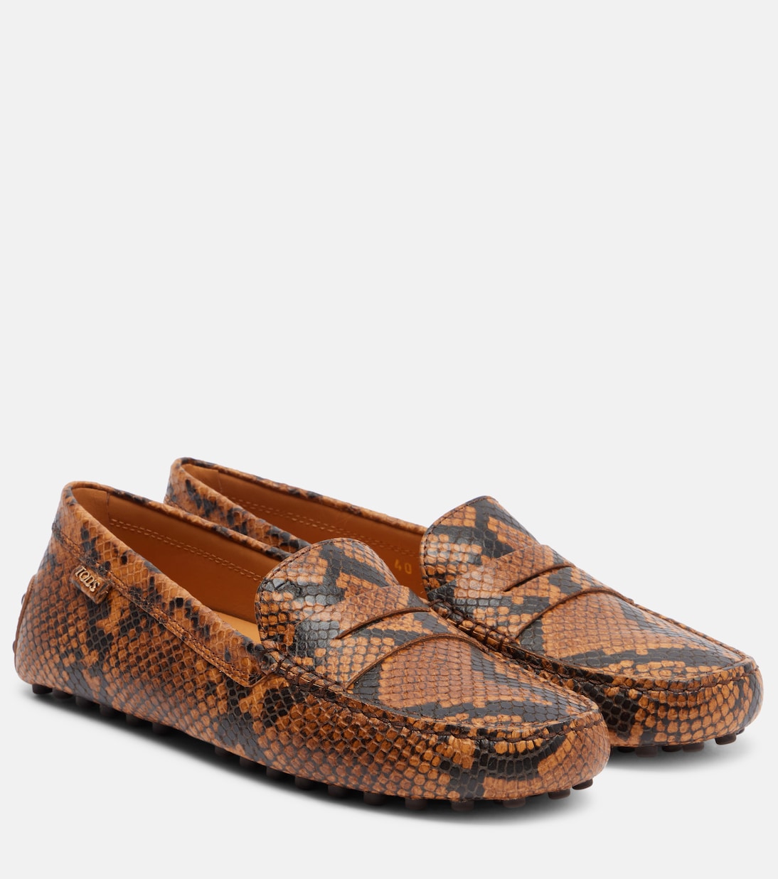 Туфли Gommino из кожи с эффектом змеиной кожи для вождения Tod's, Biscotto Chiaro