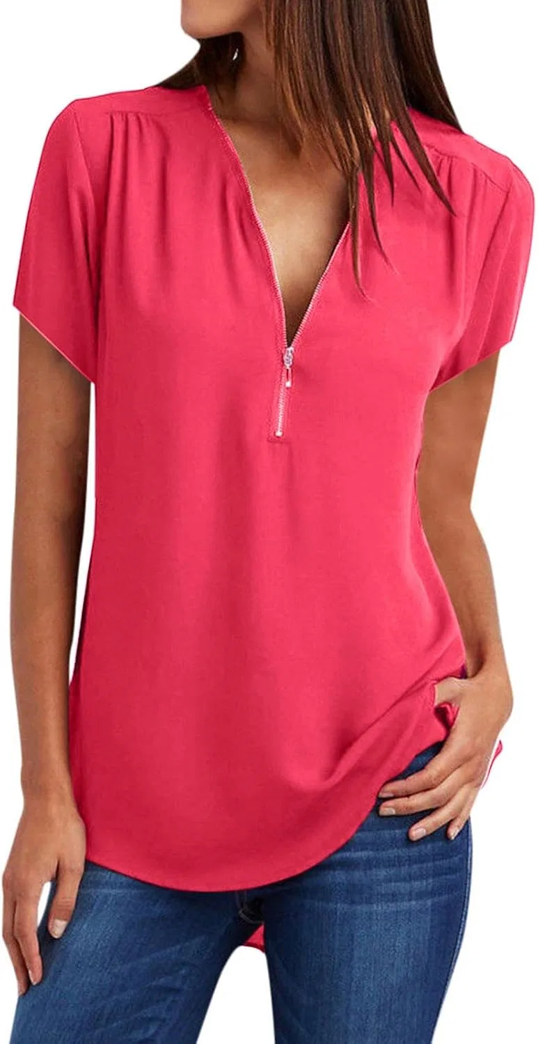Женская блуза с рукавом 3/4, молнией, оверсайз, шифон, A04#hot Pink